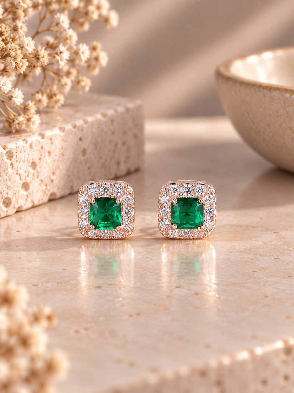 Emerald Square Halo Stud Rose Gold Earrings